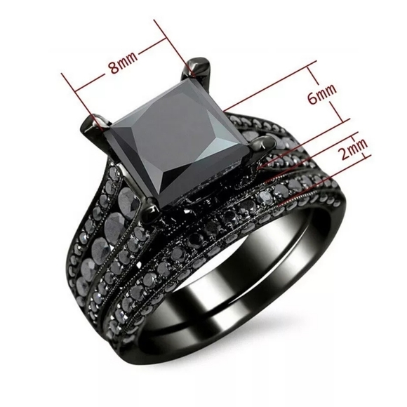New Black Sapphire Princess Cut Double Band Ring - Picture 2 of 6